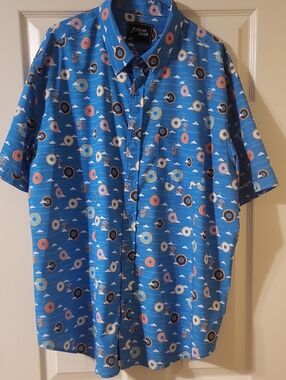 7 Diamonds Blue Short-Sleeve Donut & Coffee Print Shirt